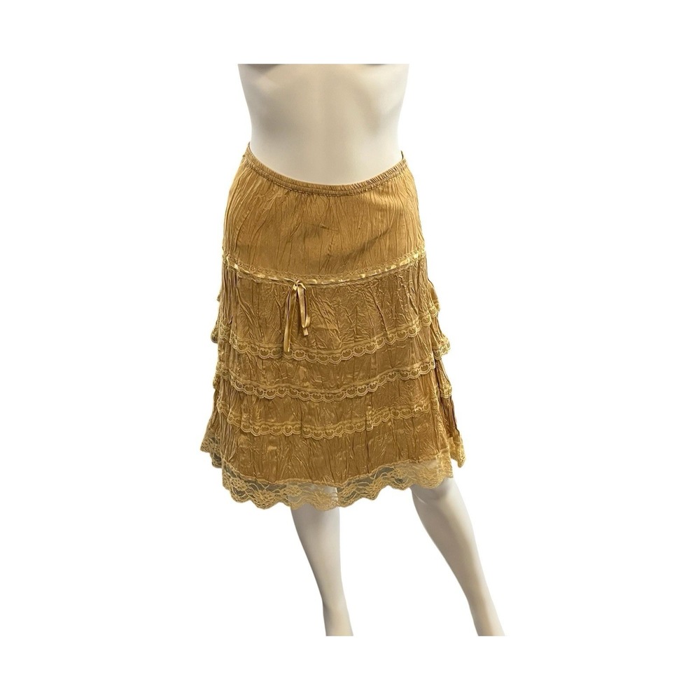 Pleated Satin‎ Tiered Skirt Ribbon Lace Trim Golden Beige Size S Fairy Whimsy